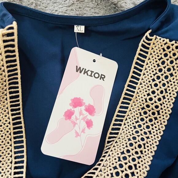 Wkior Shift Dress V Neck Short Ruffle  Sleeves Solid Color Casual Flowy Blue Tan - Picture 7 of 11